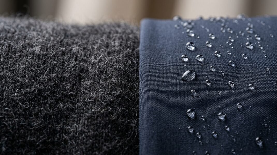 Close up comparison of fuzzy grey fleece next to smooth navy fabric covered in beads of water.