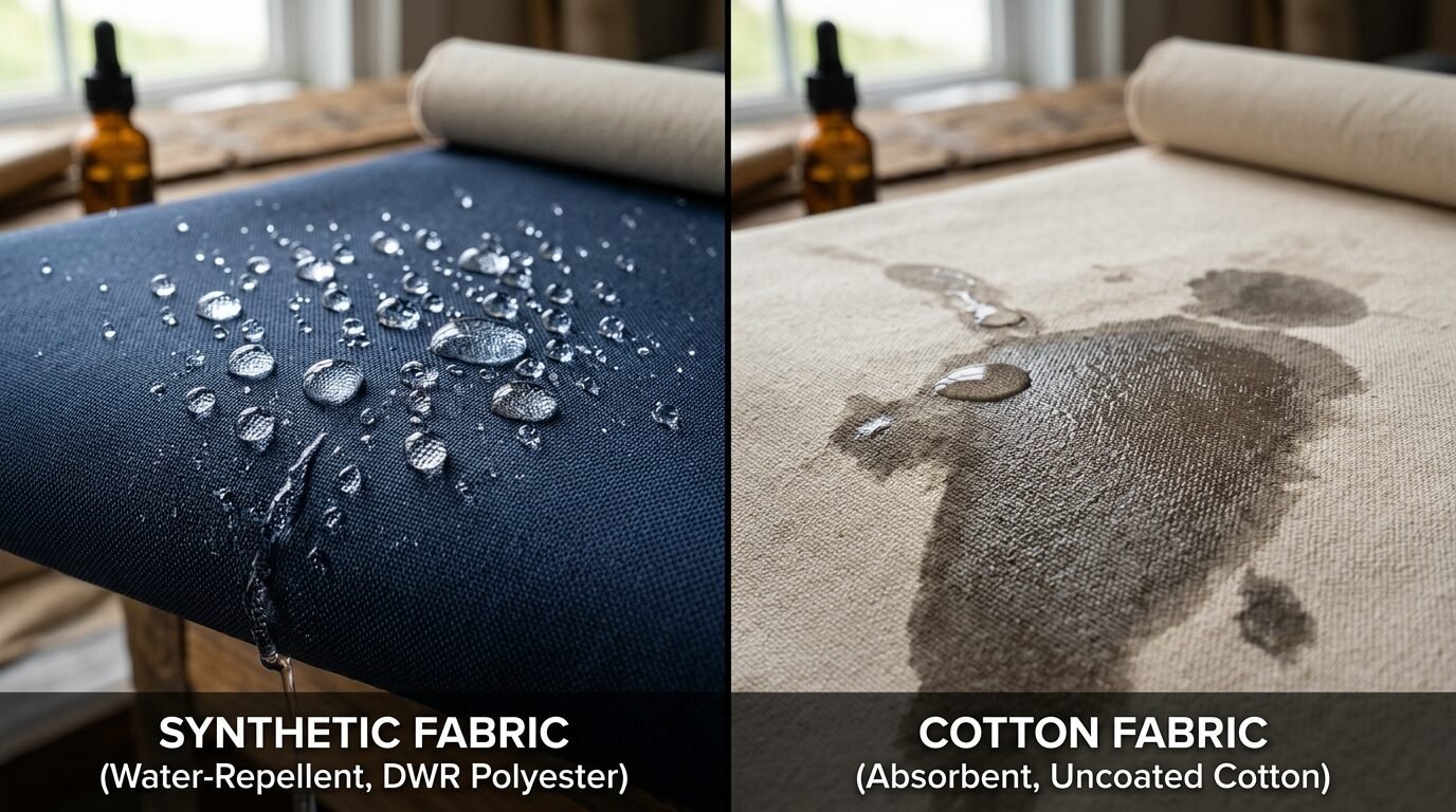 Split screen showing water droplets on blue synthetic fabric and a dark wet stain on beige cotton textile.