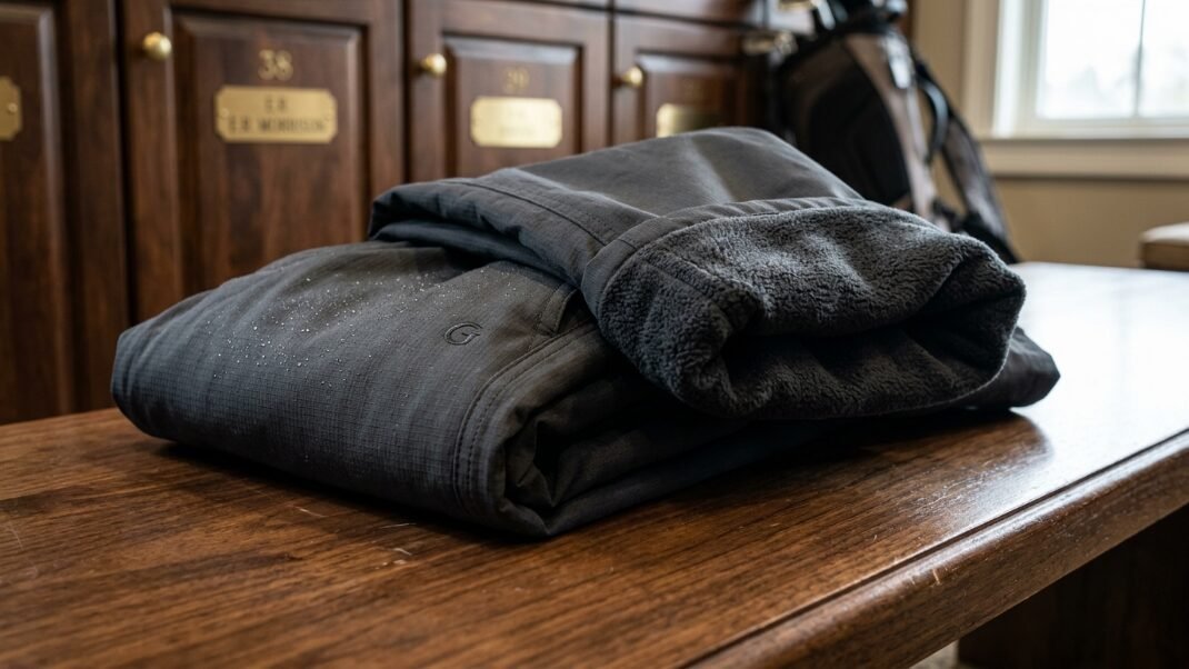 Folded dark grey trousers featuring a water-beaded exterior and an exposed warm fleece interior on a wooden bench.