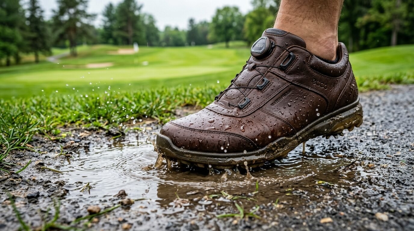 Close-up of a brown leather golf shoe stepping into a muddy puddle on a golf course path.