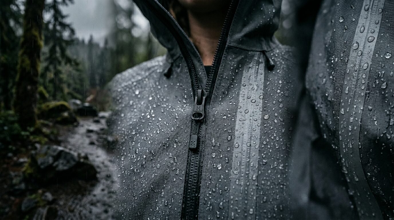 Close-up of raindrops beading on a technical grey hooded raincoat with a sealed zipper.