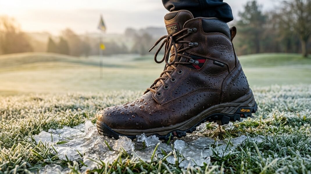 Close up of a brown leather boot with water droplets standing on icy, frost-covered ground.