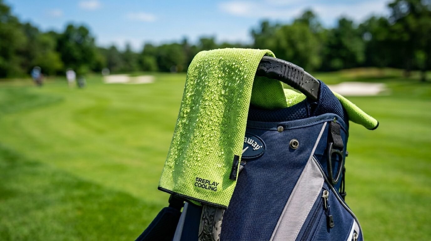 Close-up of a damp textured lime towel hanging on the handle of a blue golf equipment bag on a course.