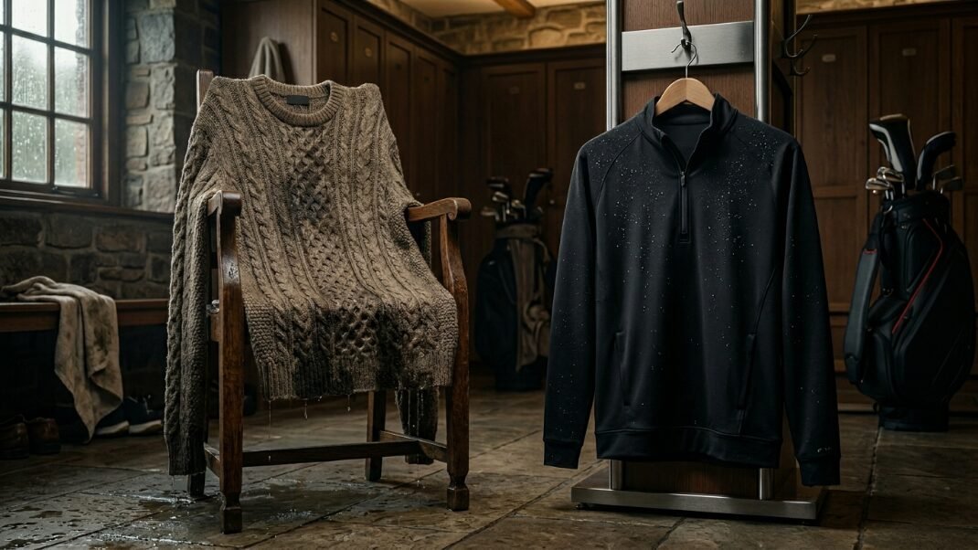 A damp wool sweater on a chair next to a water-resistant black golf quarter-zip hanging in a locker room.