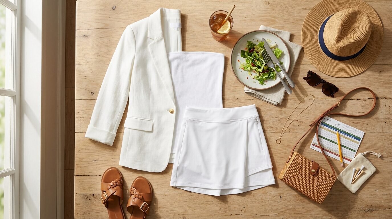 Flat lay of white blazer, tube top, and skort next to golf accessories and a salad.