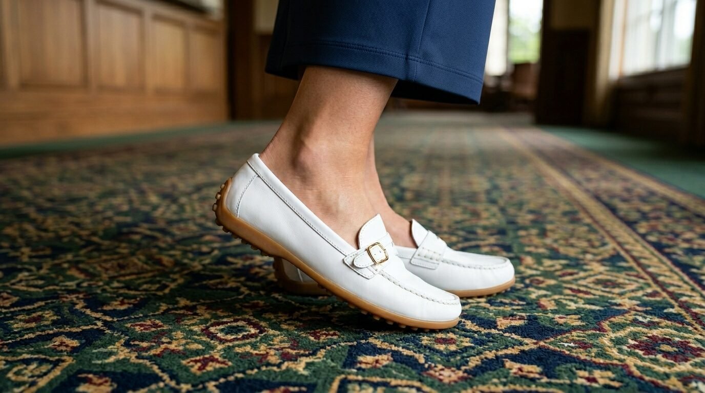 Close up of feet in white slip-on shoes with rubber pebble soles walking on a patterned green carpet.