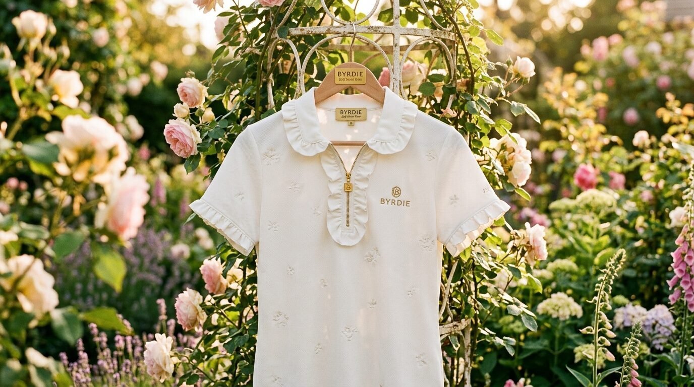 A cream-colored women's polo with ruffles and embroidery displayed on a hanger outdoors.