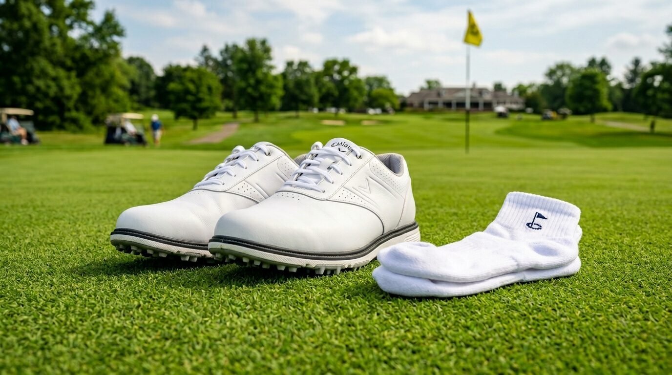 White golf shoes and a pair of folded white socks placed on a manicured golf course fairway.