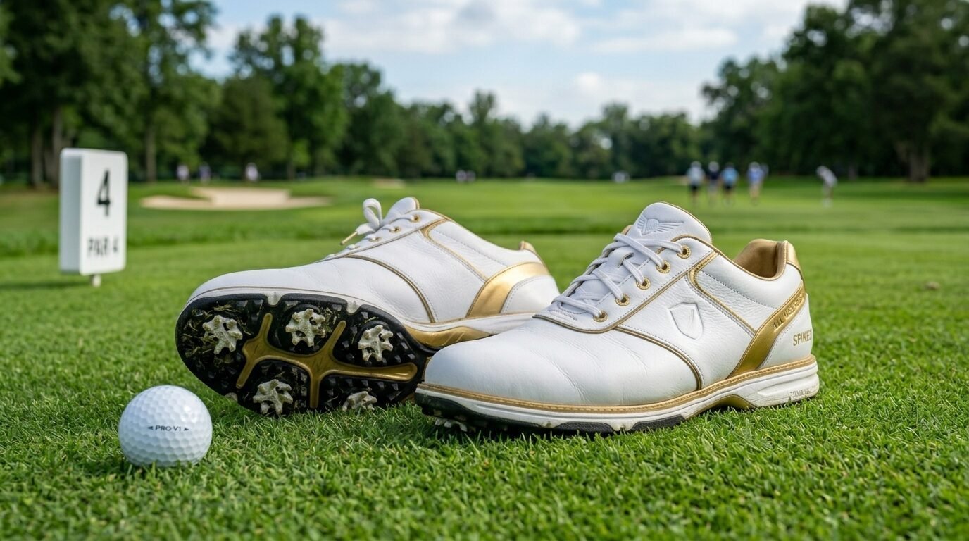 A pair of white and gold golf shoes beside a Pro V1 golf ball on a sunny golf course.