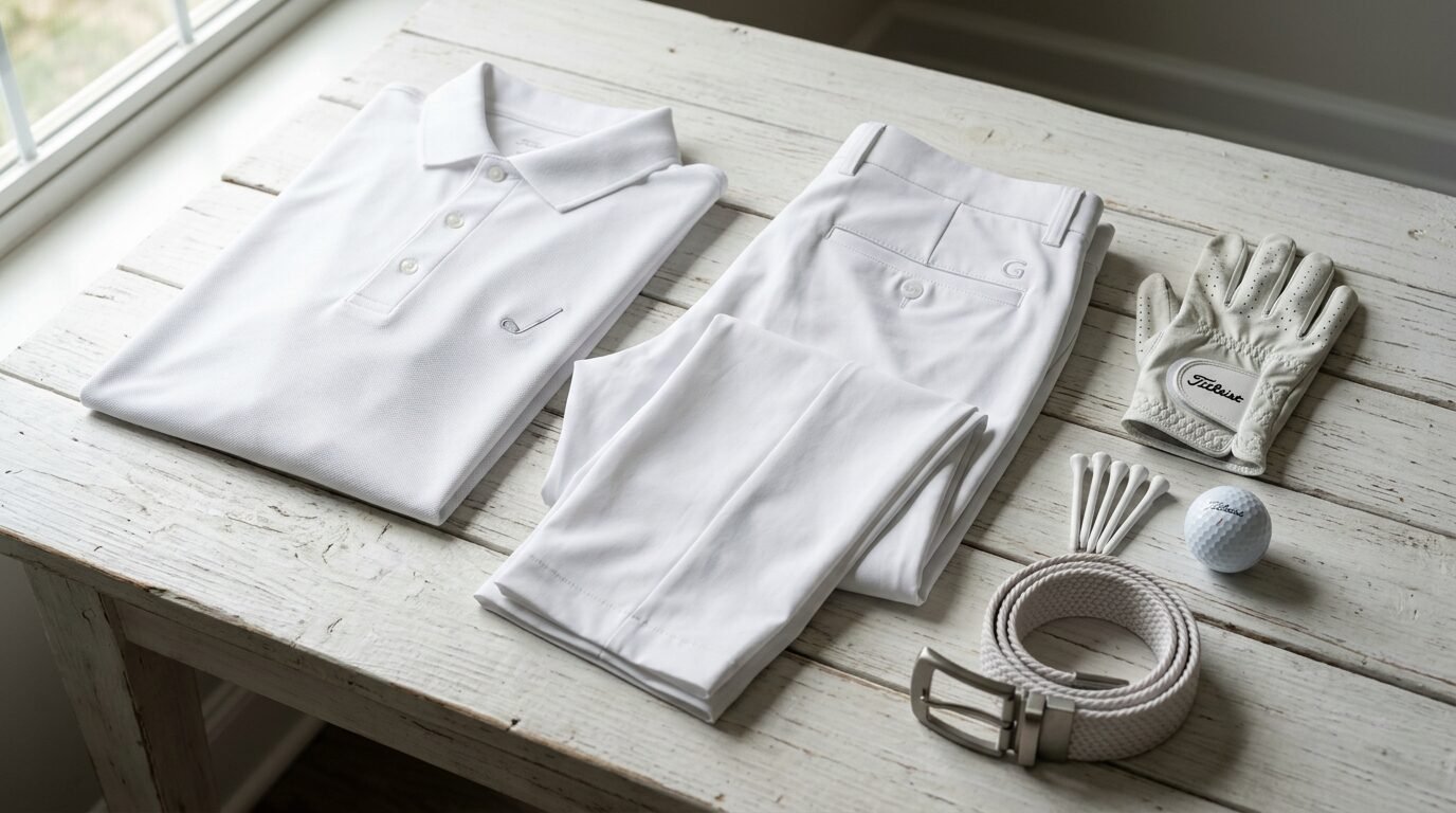 Folded white polo, trousers, belt, Titleist glove, and golf ball on a white wooden table.