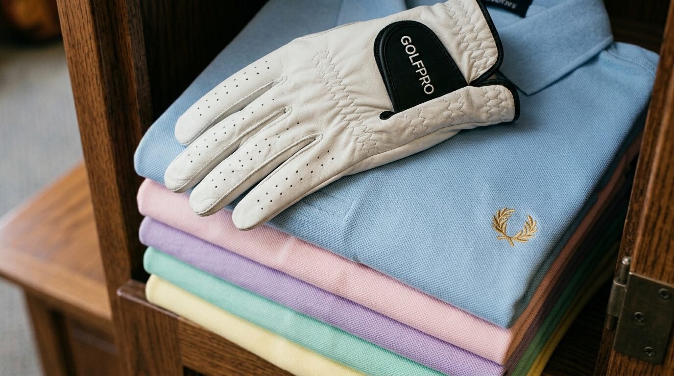 Close up of a leather Golfpro glove placed on neatly folded pastel-colored Fred Perry polo shirts in a wooden cabinet.