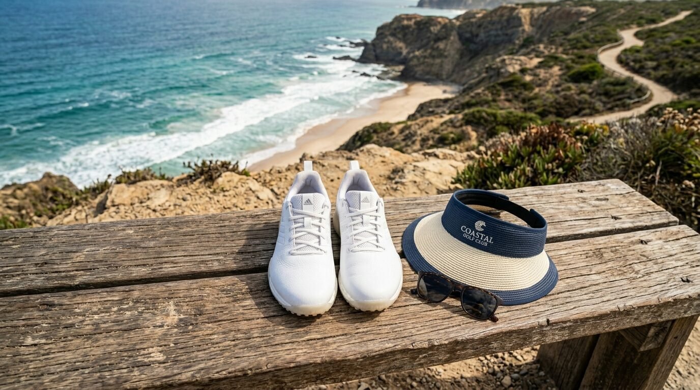 A pair of white sneakers and a Coastal Golf Club visor on a wooden bench overlooking a cliffside beach.