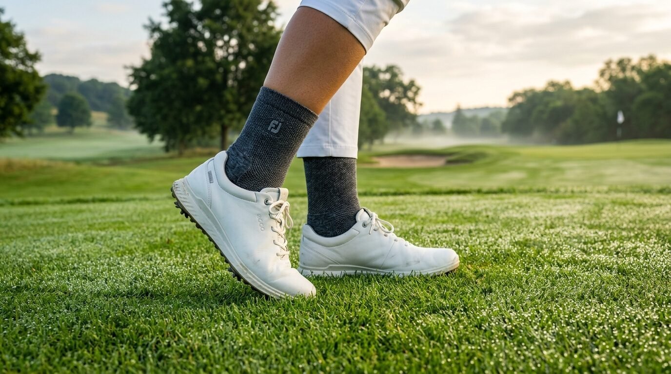 Close-up of a person wearing white golf shoes and grey socks standing on morning dew-covered grass.