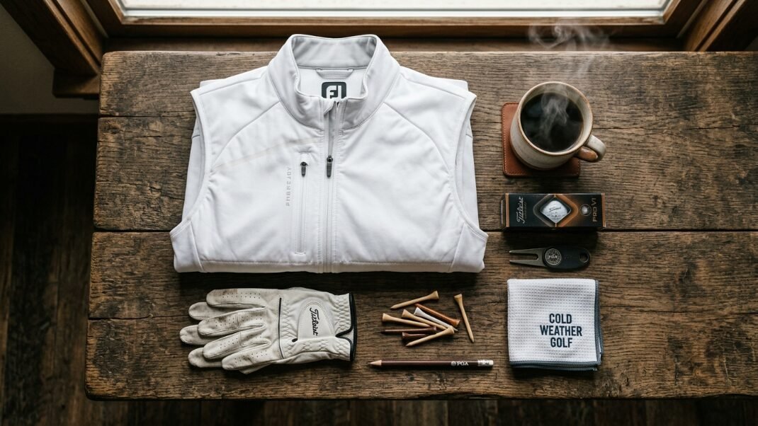 A white golf vest, glove, coffee, and golf accessories arranged neatly on a rustic wooden table.