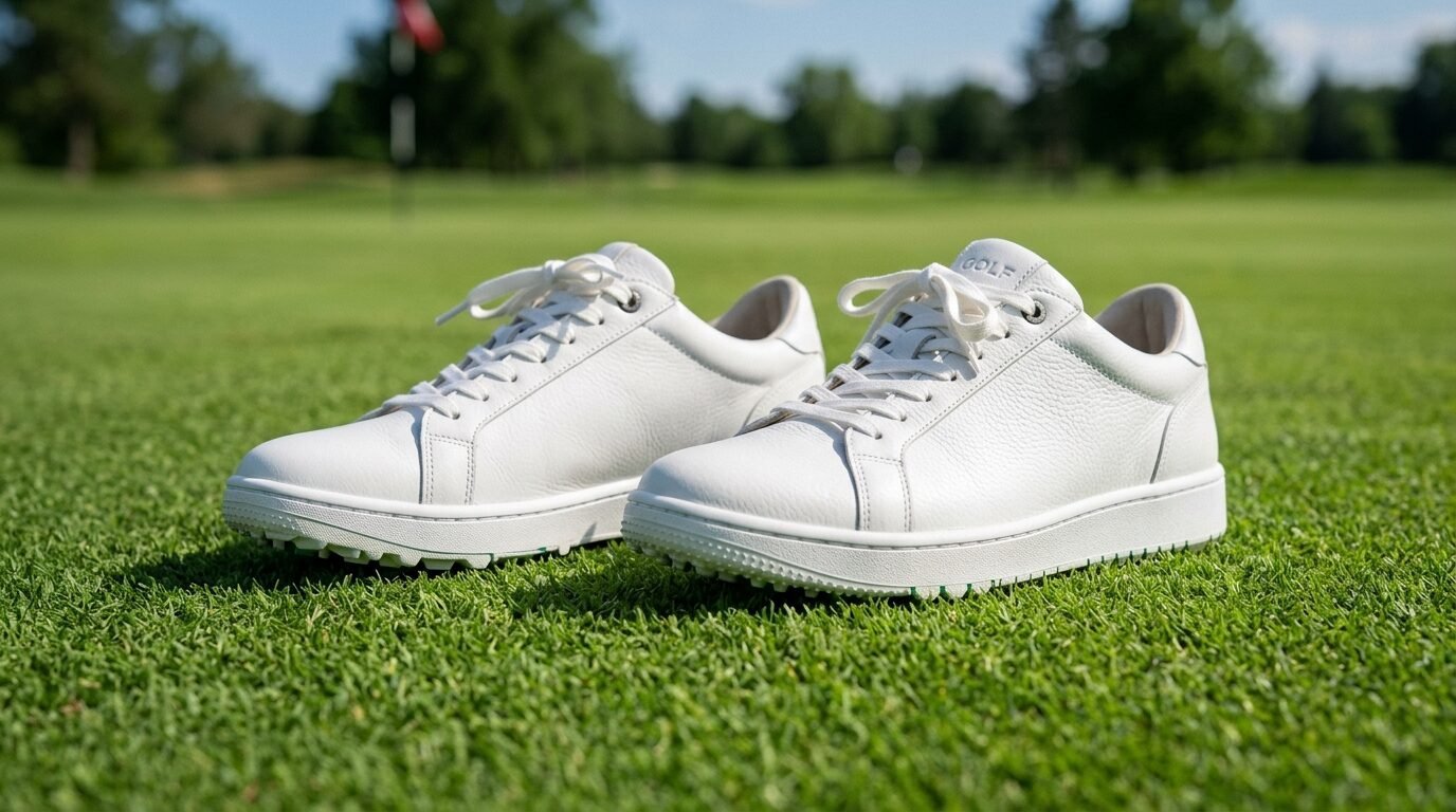 Close up of two white spikeless leather golf sneakers resting on lush green grass.