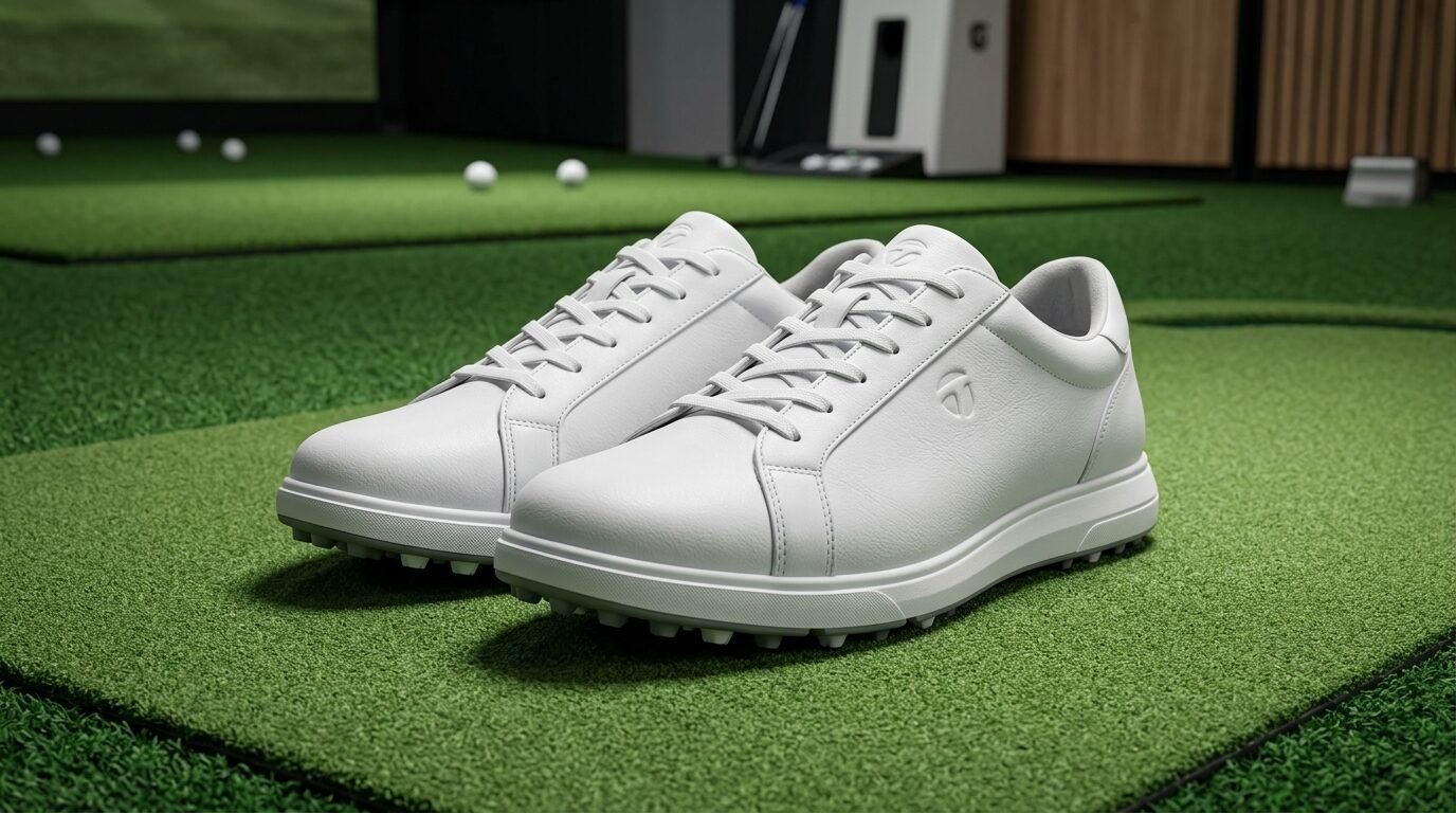 A pair of crisp white athletic shoes for golf displayed on artificial green turf.