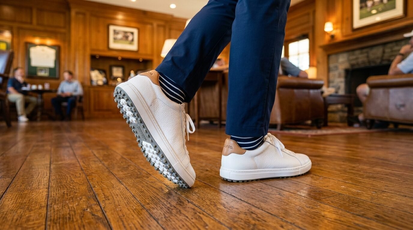 Person walking on a wooden clubhouse floor wearing white leather shoes with tan heel accents and striped socks.