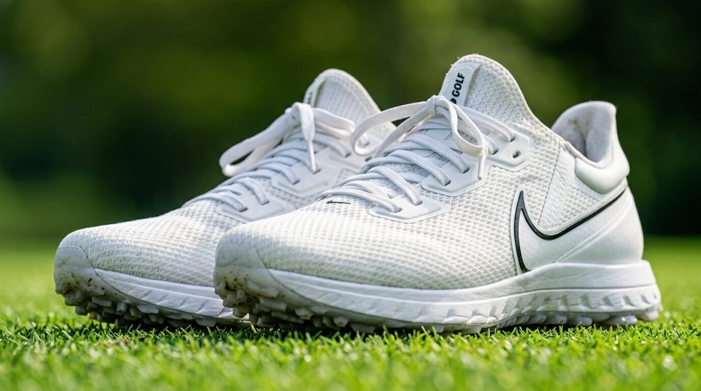 Close up of white athletic golf sneakers with black swoosh logo resting on a putting green.