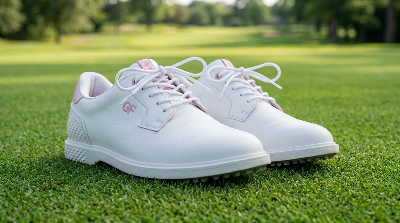 Close-up of white golf sneakers with pink branding and trim resting on a putting green.