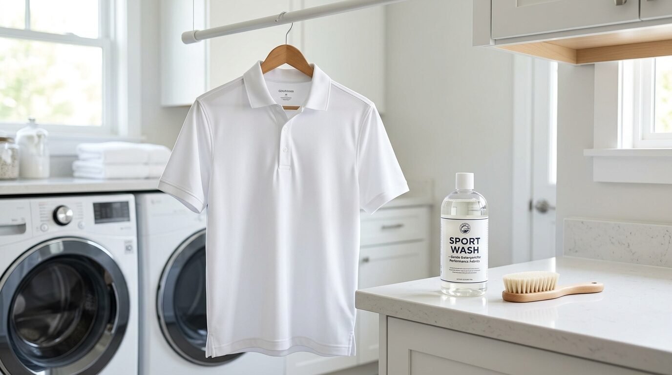 White performance polo on a hanger next to a bottle of Sport Wash and a wooden scrub brush on a kitchen counter.