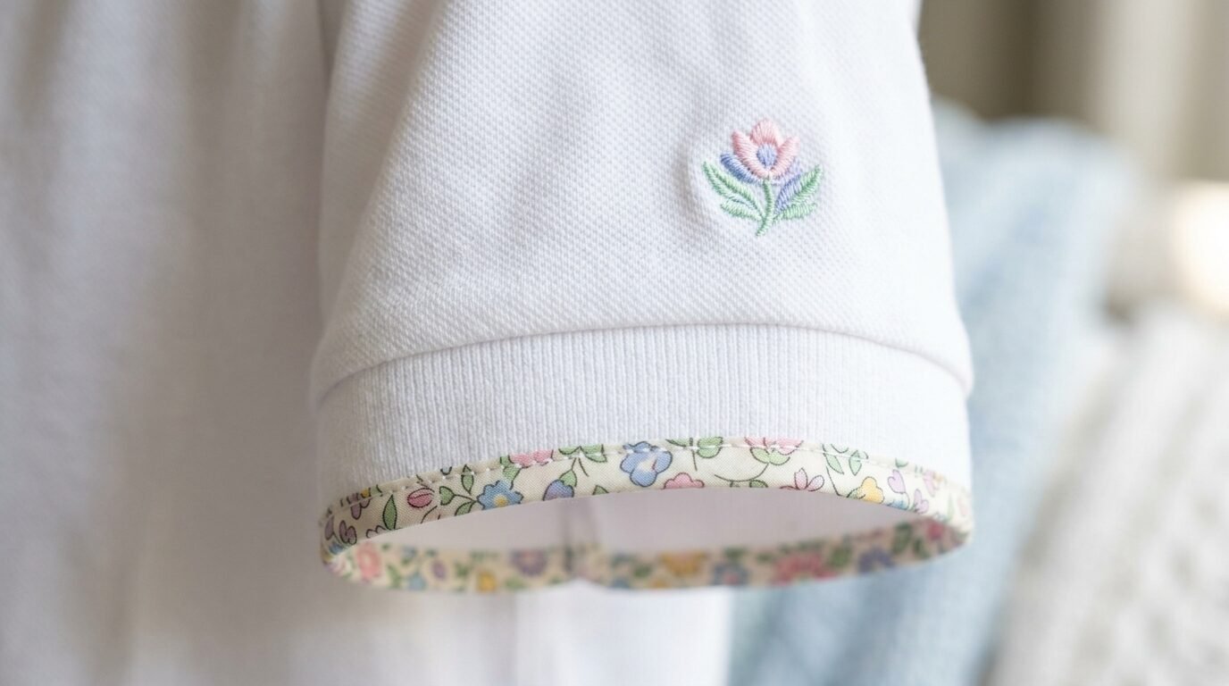White fabric sleeve featuring a small embroidered flower above a colorful liberty print cuff.
