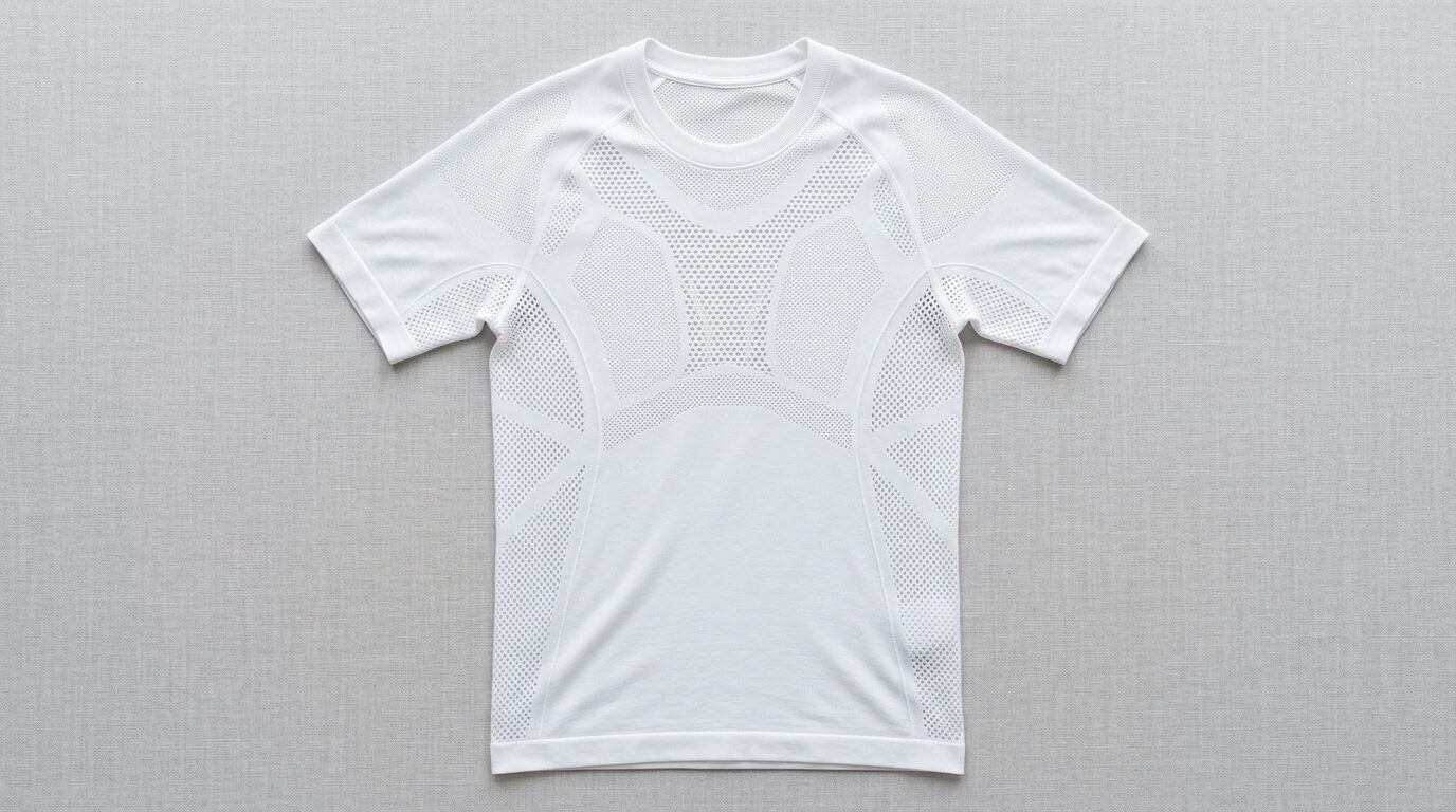 Close up of a white short sleeve sports shirt featuring intricate seamless mesh patterns for airflow.