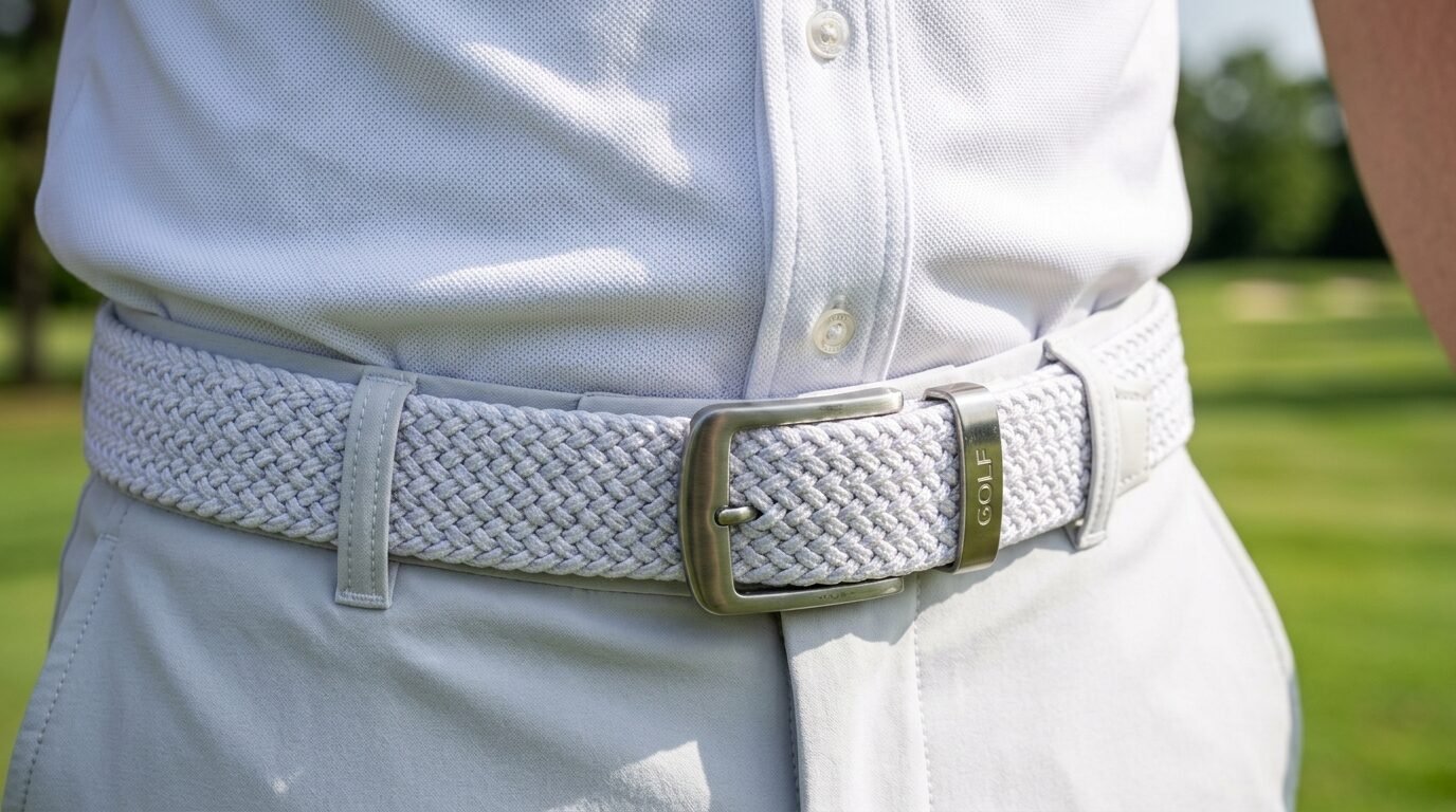Close-up of a person wearing a white woven fabric belt with a metallic buckle on a golf course.