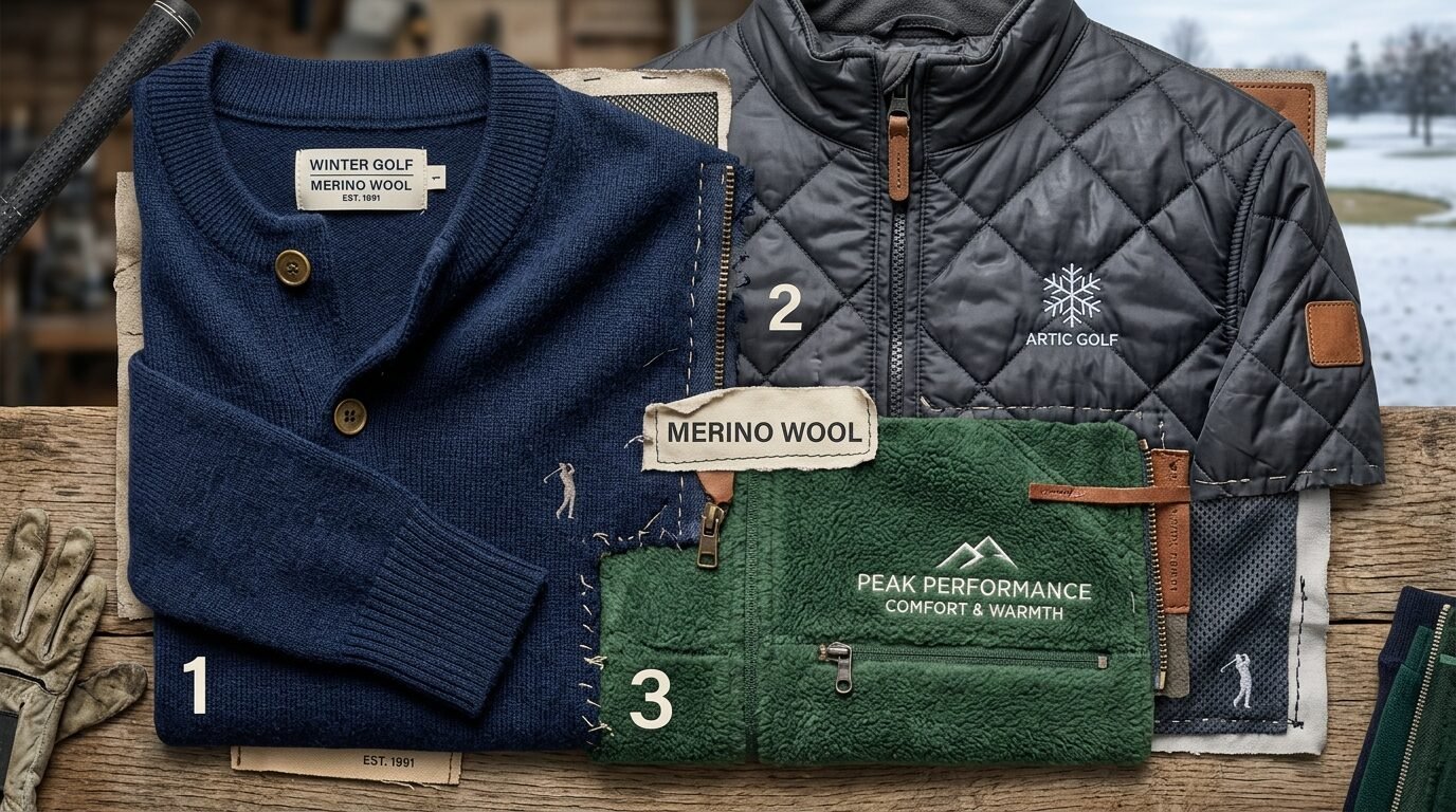 A flat lay of navy blue merino wool, a black quilted vest, and a green fleece pullover for cold weather golf.