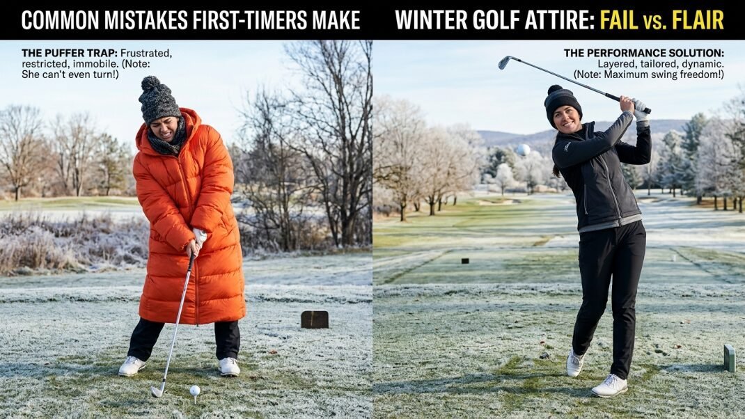 Split screen showing a golfer struggling in an orange puffer coat versus one swinging freely in layered sportswear.