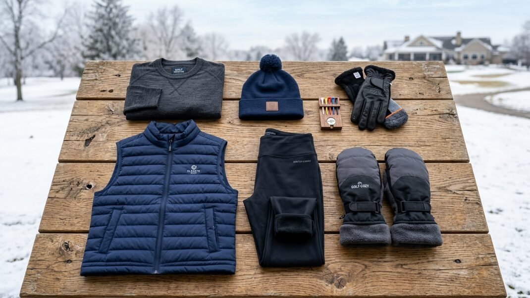 A navy vest, charcoal sweater, beanie, golf gloves, and winter mittens laid out on a table with a snowy background.