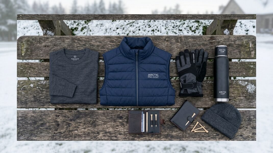 Flat lay of a navy vest, grey thermal shirt, winter gloves, thermos, and golf accessories on a snowy wooden bench.