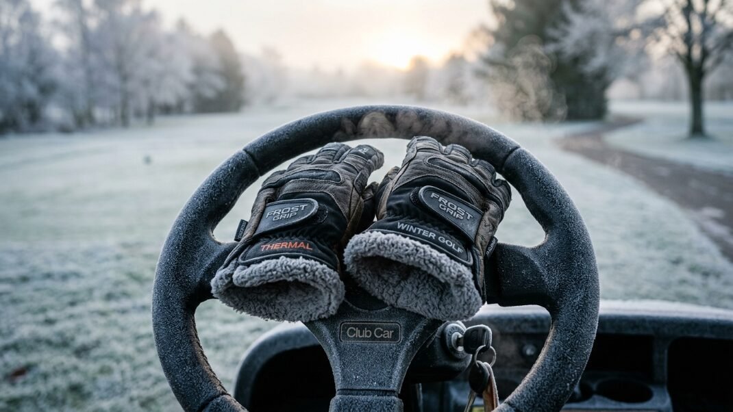 A pair of fuzzy thermal golf gloves sitting on a cold, frosted golf cart steering wheel at sunrise.