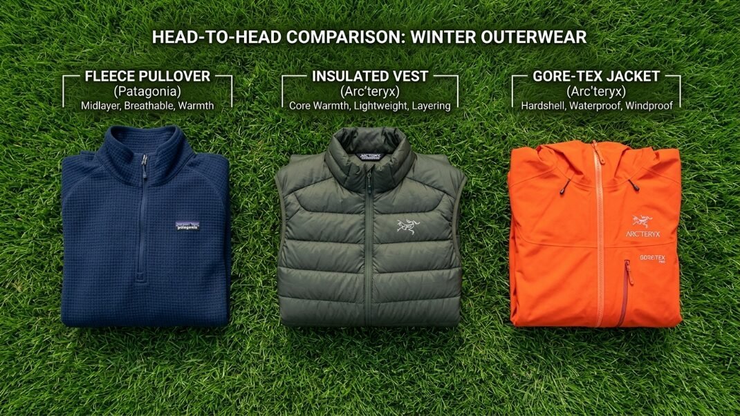 Top-down view of three winter apparel pieces laid on grass with text labels explaining their specific features.