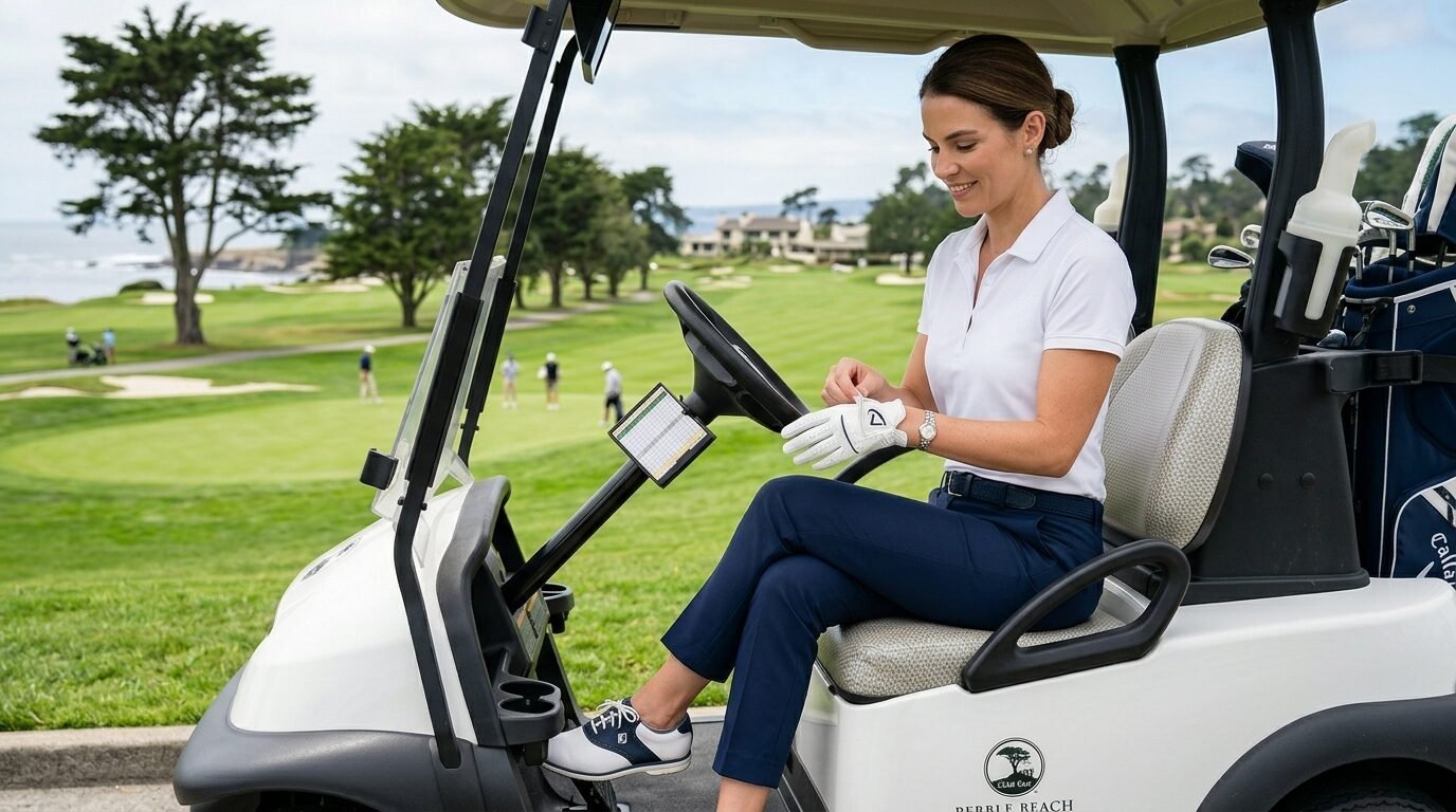Golfer sitting in a golf cart at Pebble Beach while putting on a white glove.