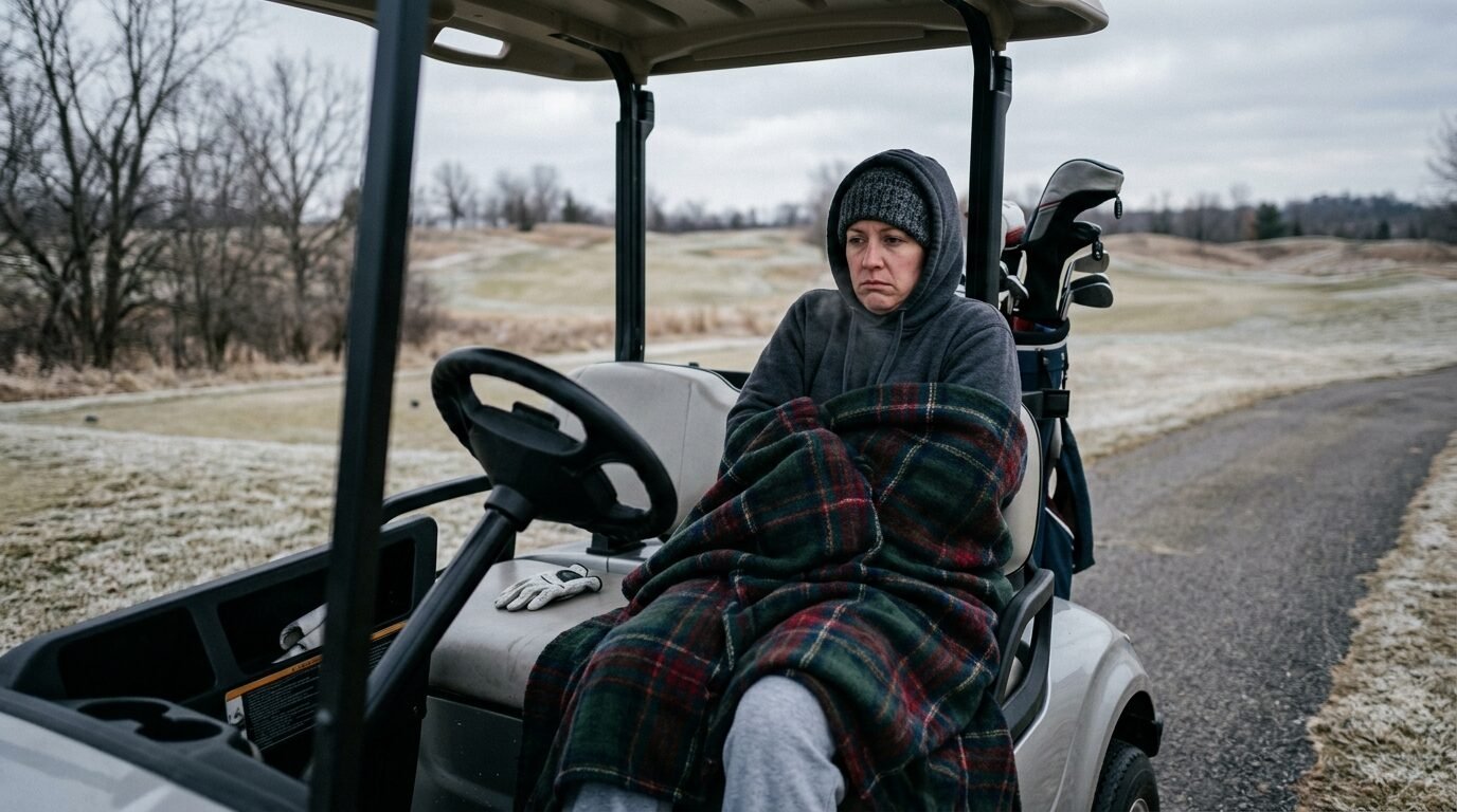 A woman wearing a hoodie and hat sits inside a golf cart on a frosty course, keeping warm under a plaid blanket.