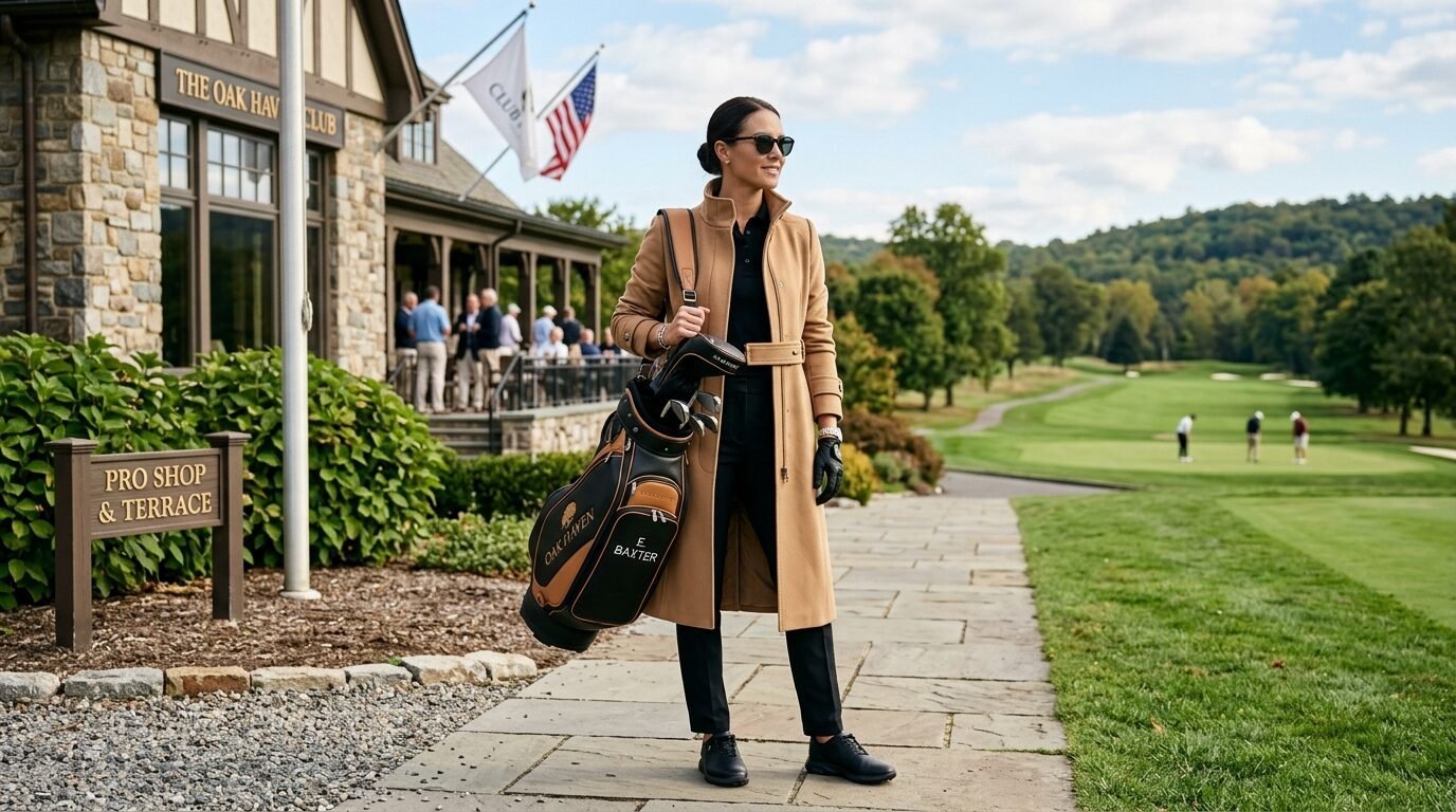 Woman in a tan trench coat carrying a golf bag at a sunny golf course.
