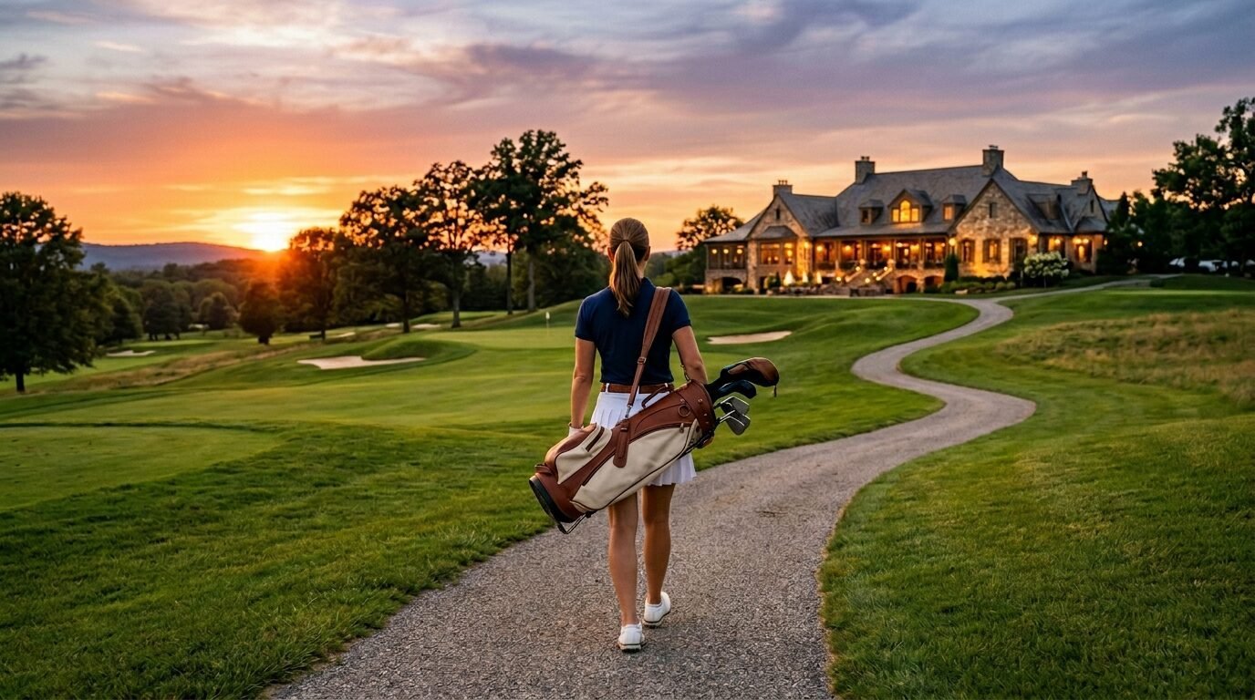A woman with a golf bag walks on a winding path toward a large manor house during a vibrant golden hour sunset.