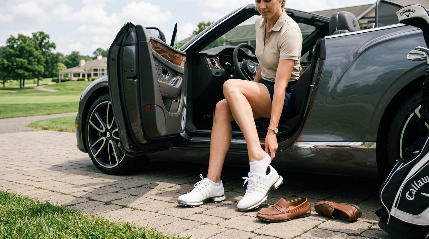 A woman sitting in a luxury convertible putting on white athletic golf shoes on a paved driveway.
