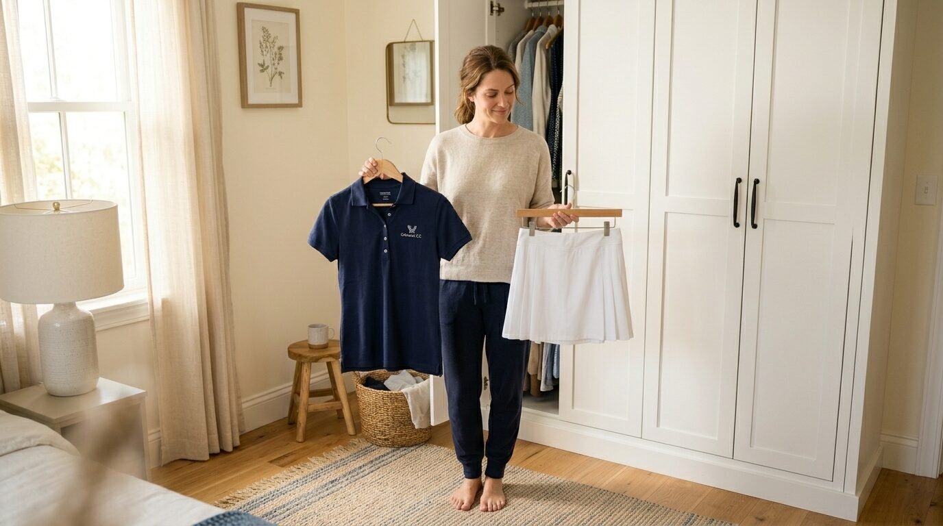 A woman holding up a dark blue golf shirt and a white pleated skirt in front of an open wardrobe in a bedroom.