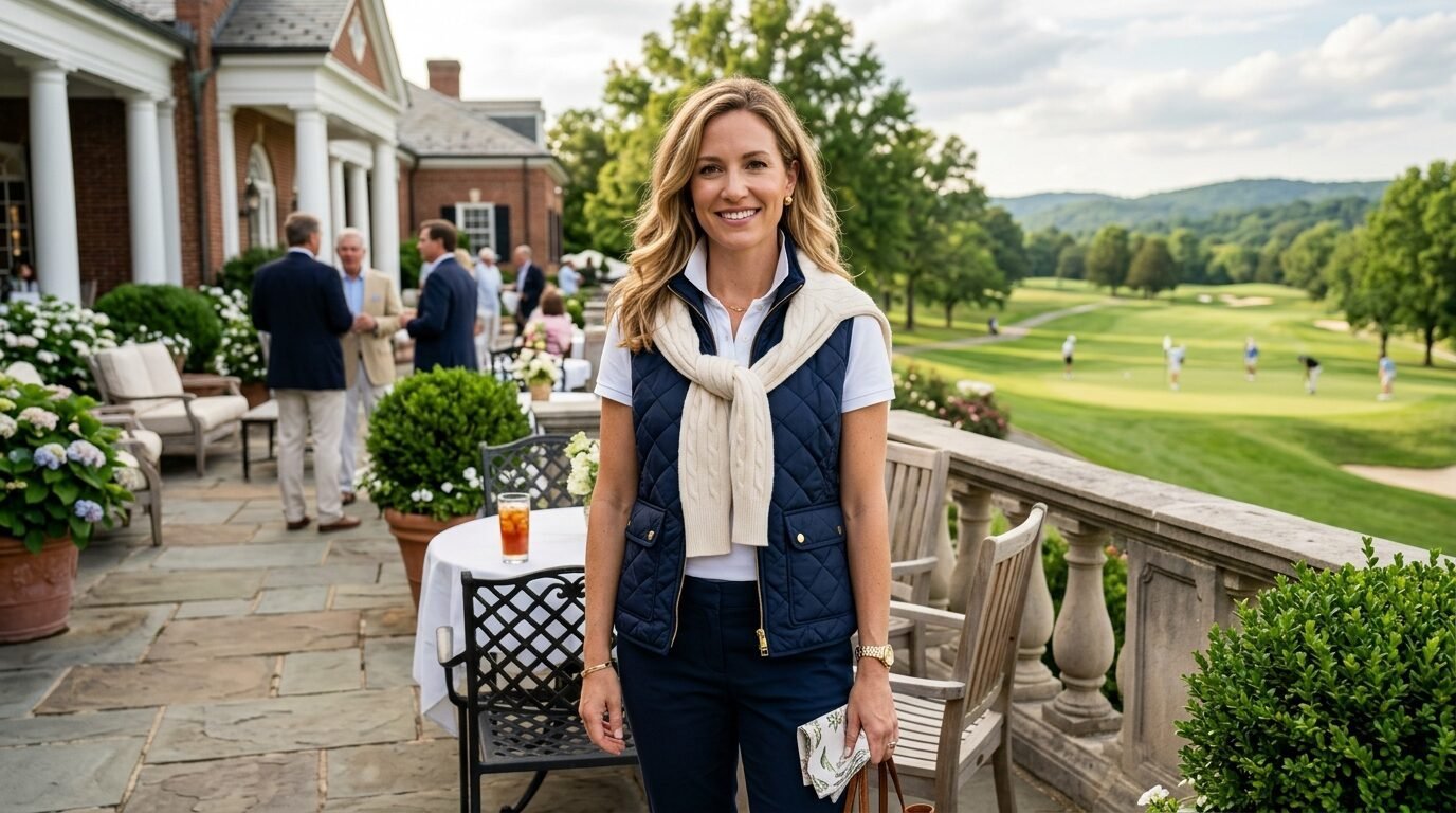 A blonde woman in a preppy navy vest poses on a stone patio overlooking a lush green golf course.