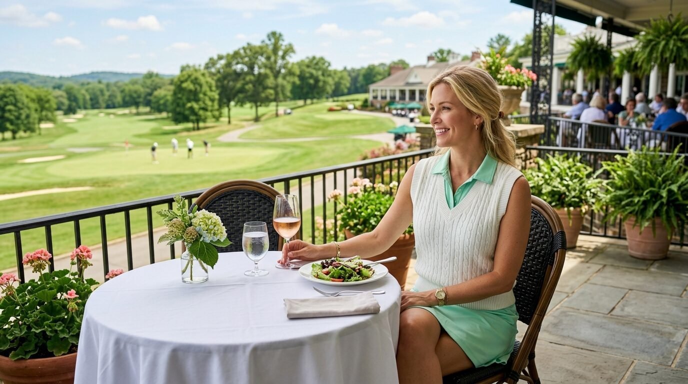 Blonde woman wearing a knit vest eats salad with wine on a club patio with a view of golfers.
