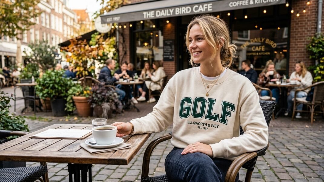 A blonde woman in a golf print sweater holding a coffee cup at a wooden table in front of a coffee shop.