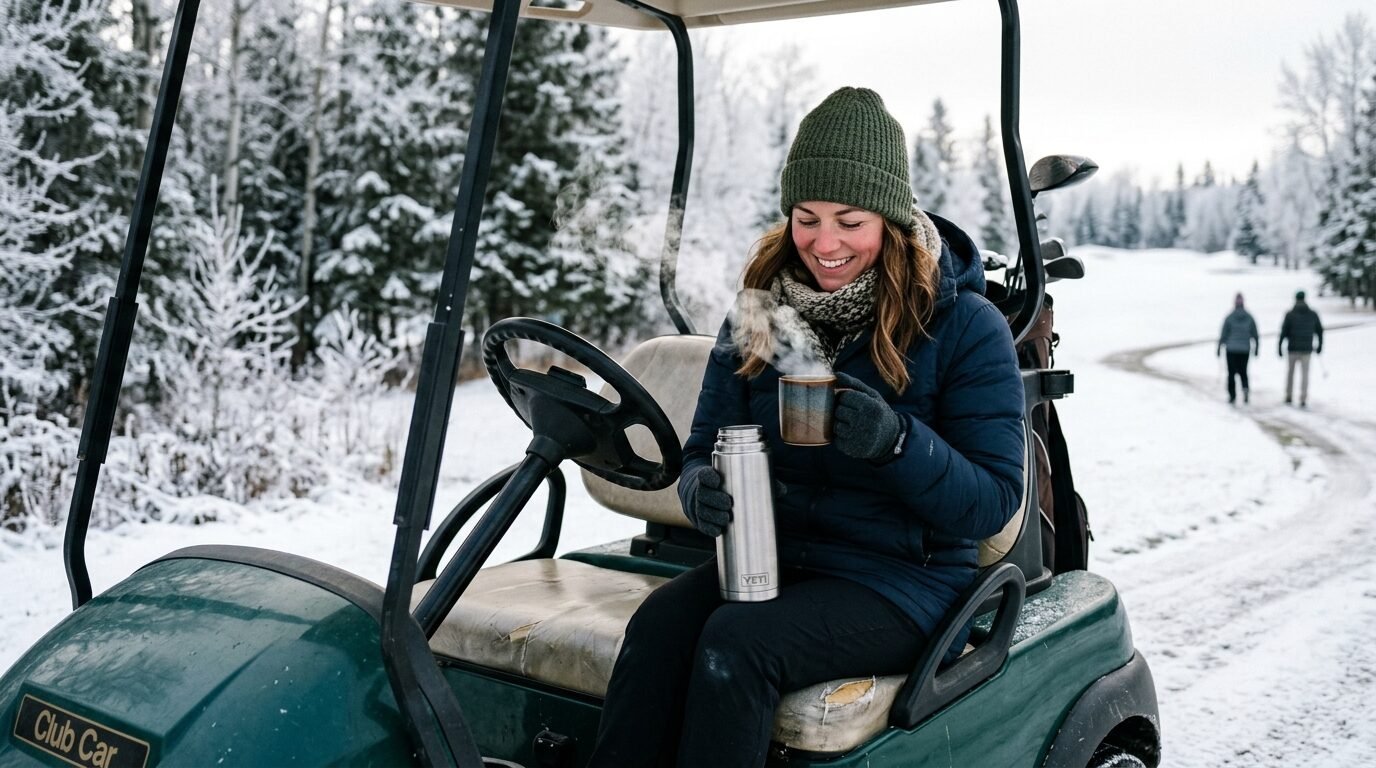 A woman in a winter jacket and beanie holds a steaming mug and Yeti thermos while sitting in a snow-covered golf cart.