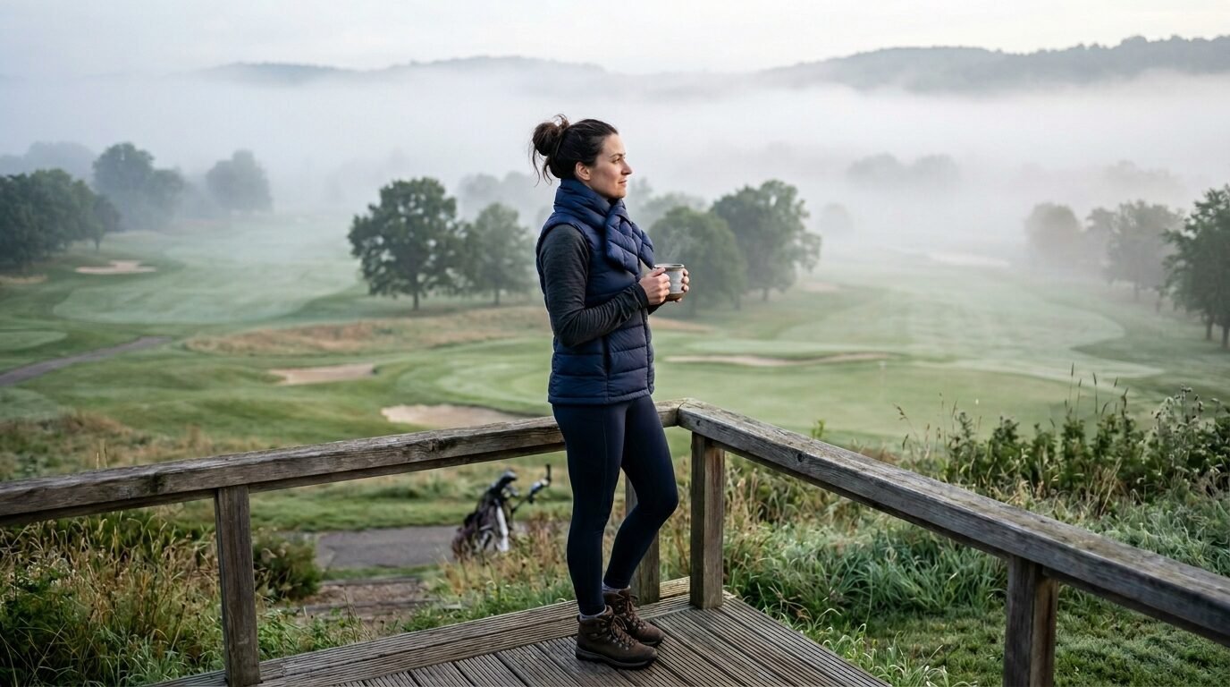 A person in a puffer vest stands on a wooden deck holding a warm drink while gazing at a misty morning golf fairway.
