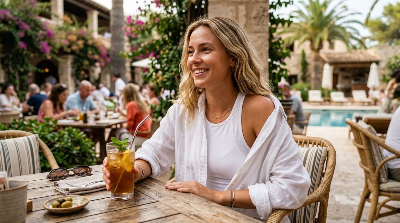 Smiling blonde woman in a white linen shirt holding a glass of iced tea on an outdoor patio near a swimming pool.