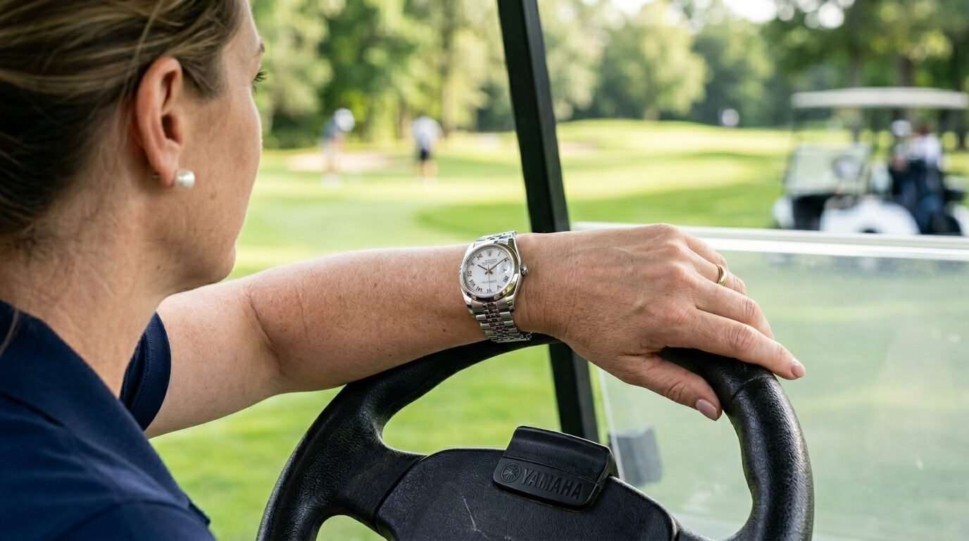 Close up of a woman's hand on a steering wheel wearing a metallic watch on a sunny golf course.