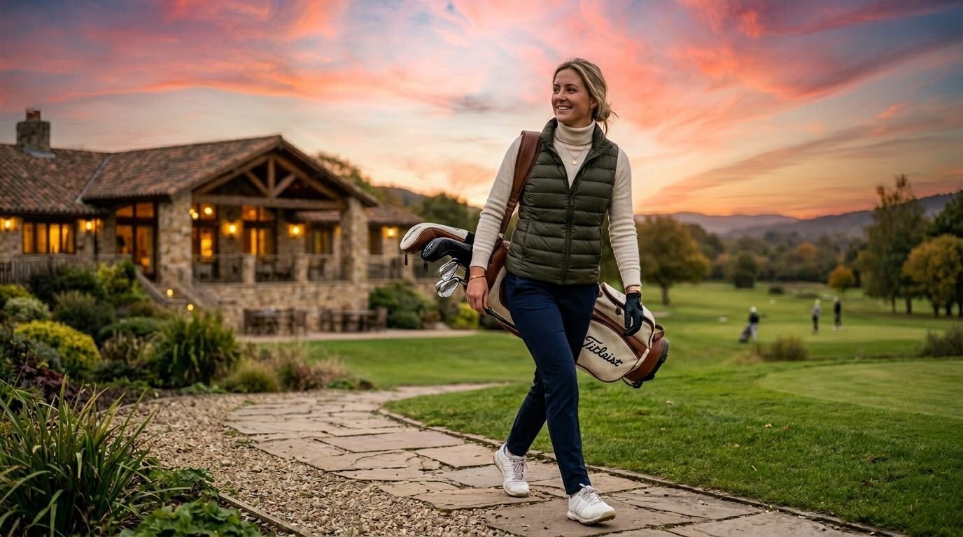 A blonde woman carrying a golf bag walks along a stone path by a clubhouse during a vibrant orange sunset.