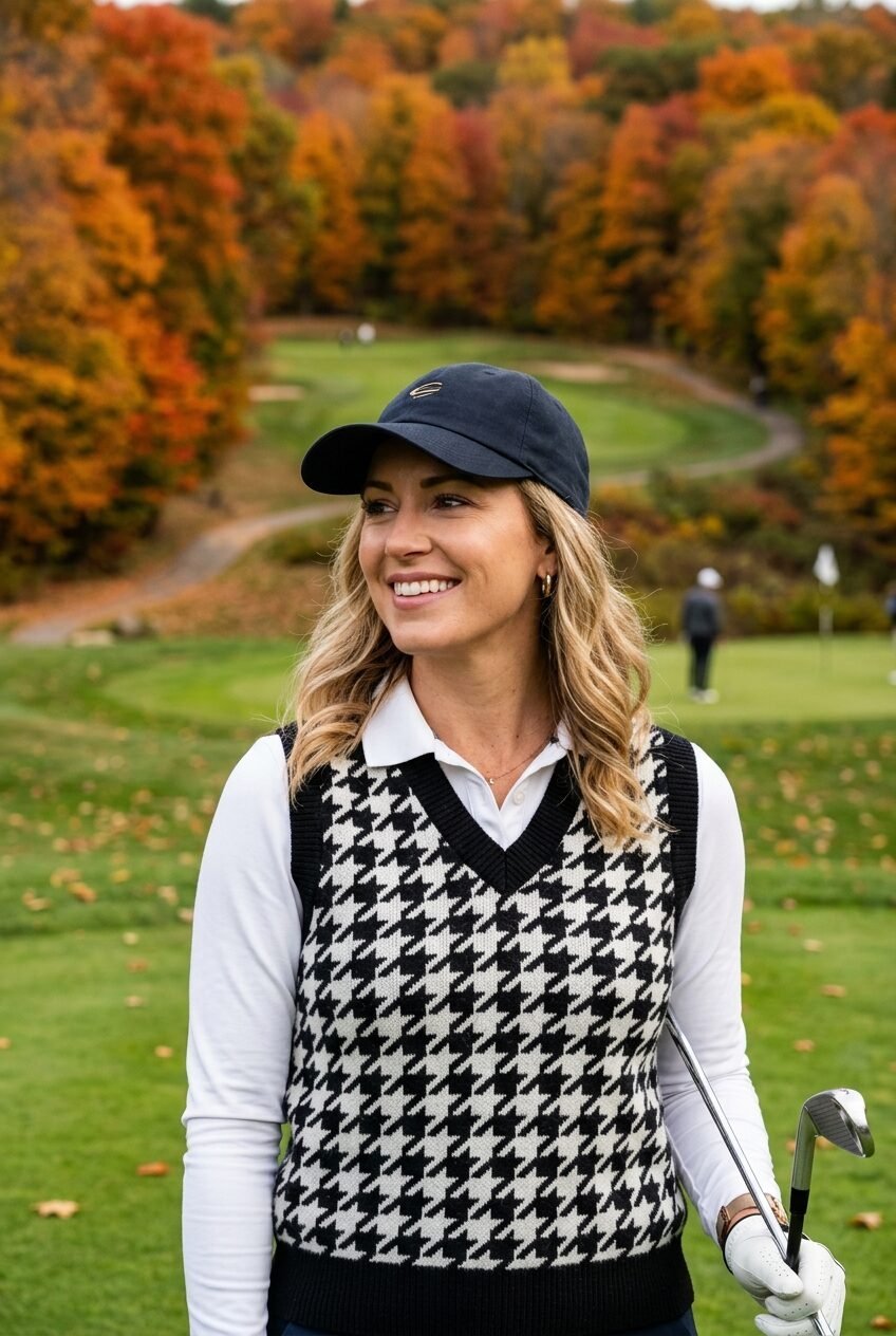 A blonde woman in a black and white houndstooth sweater vest and baseball cap holding a golf club on a fall fairway.