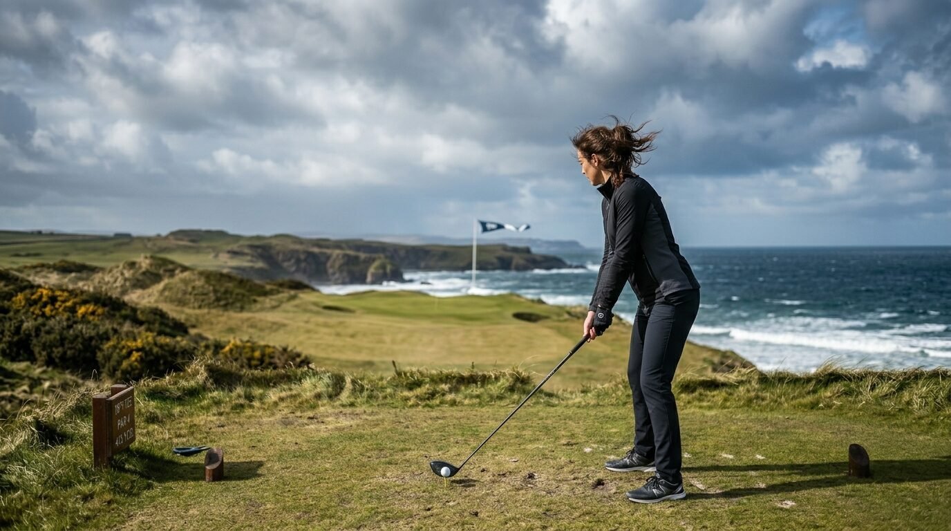A female golfer in black gear swinging a club on a windy cliffside golf course overlooking the ocean.