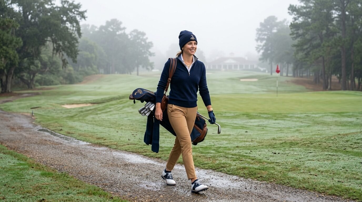 A woman in a navy sweater and beanie walks on a damp path carrying her golf bag on a foggy course.